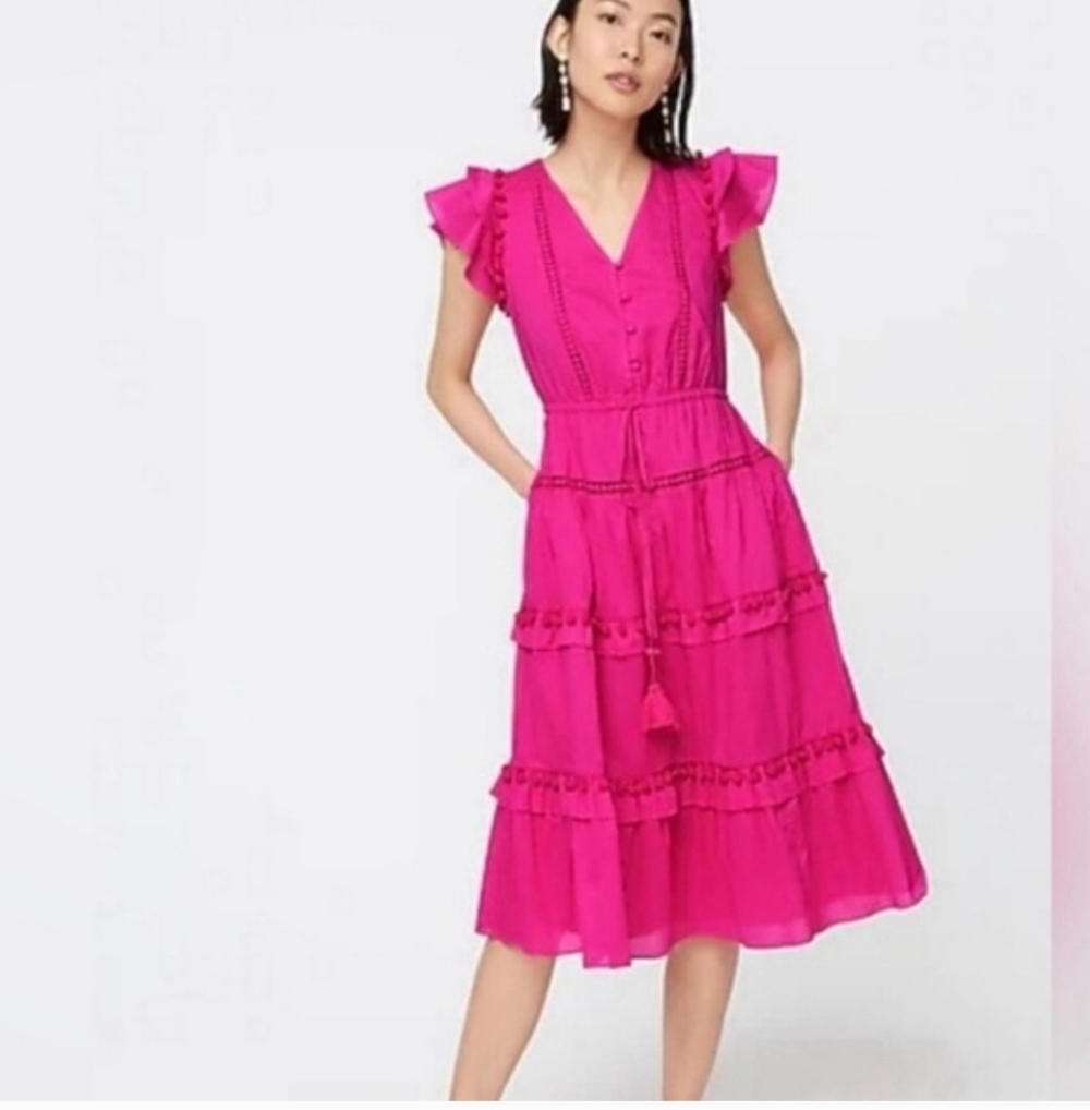J.Crew Pom-Pom Dress in Cotton Voile in Hot Pink Size 2 Tall